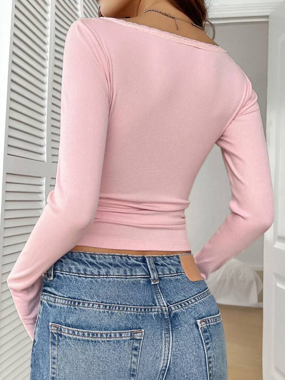 Ribbed Knit Lace Trim Long Sleeve T-Shirt, image 3