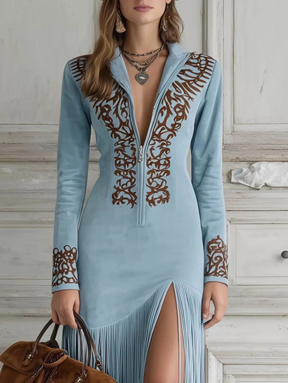 Full Size Embroidered Fringed Zip Front Maxi Dress Plus Size, image 2