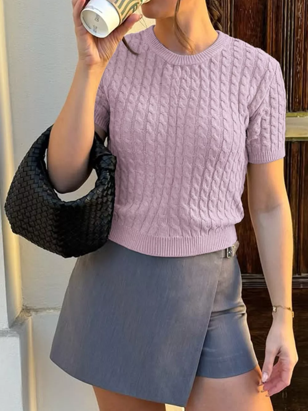 Cable-Knit Short Sleeve Sweater, image 9