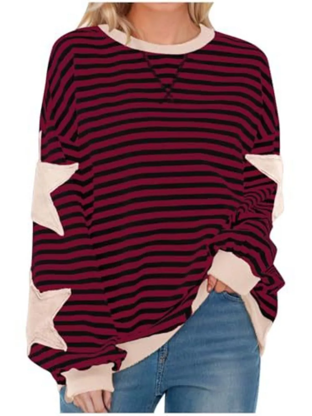 Full Size Star Patch Striped Oversized Sweatshirt Plus Size, image 15