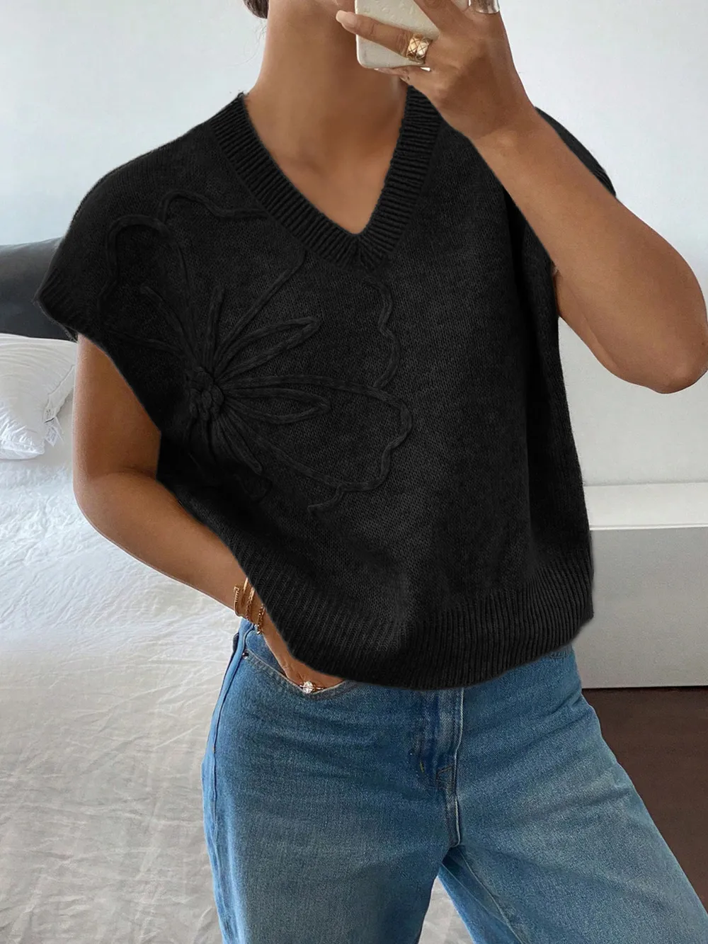 Ribbed Hem V-Neck Short Sleeve Sweater, image 6