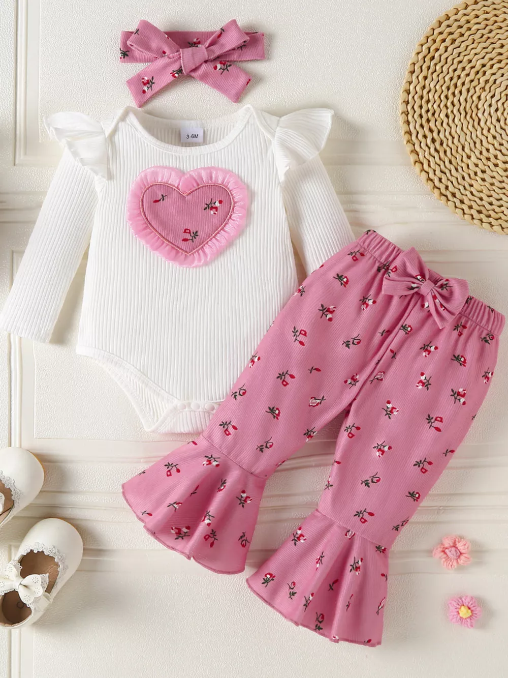 Children's Ruffled Bodysuit and Floral Pants Outfit Set with Headband