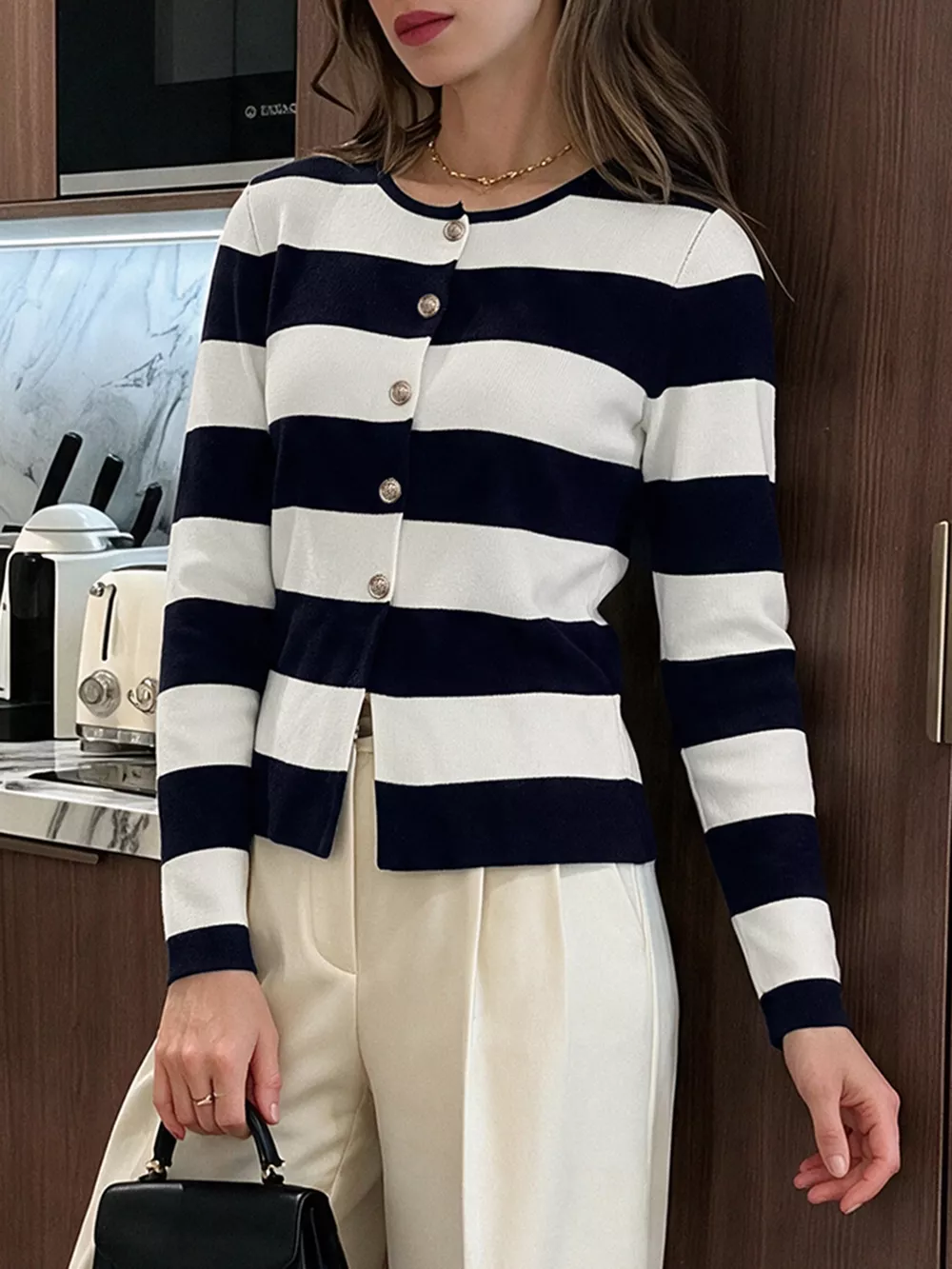 Striped Button-Down Knit Cardigan, image 2