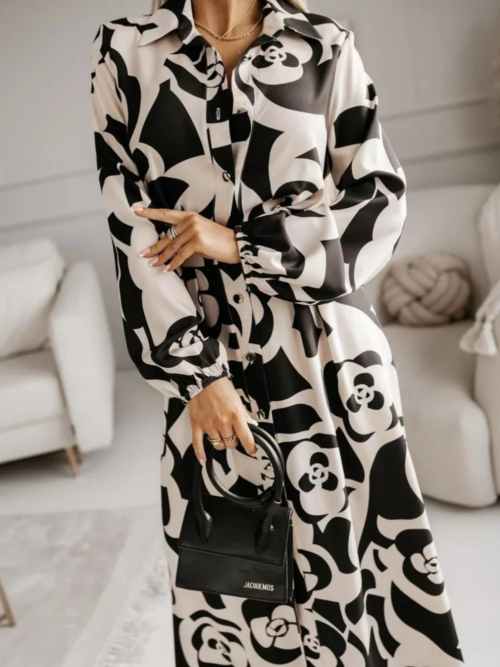Printed Button Front Maxi Shirt Dress