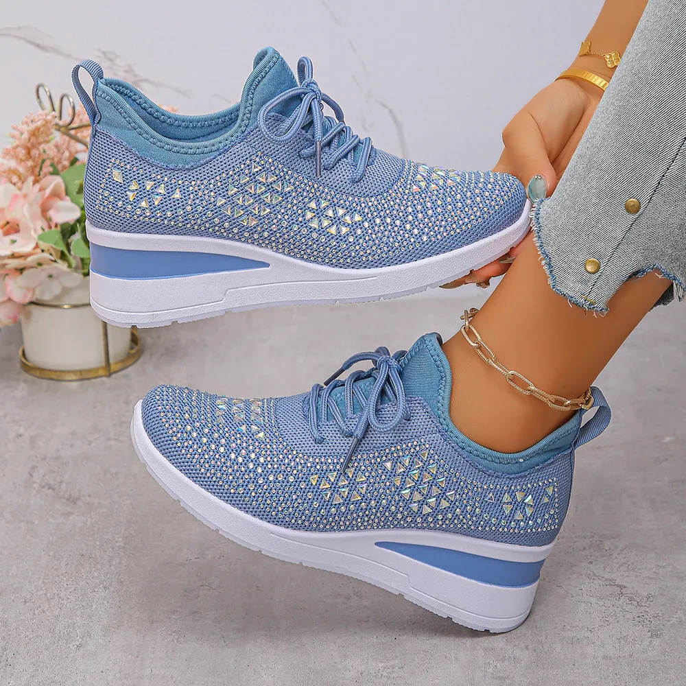 Breathable Mesh Rhinestone Wedge Athletic Sneakers, image 11