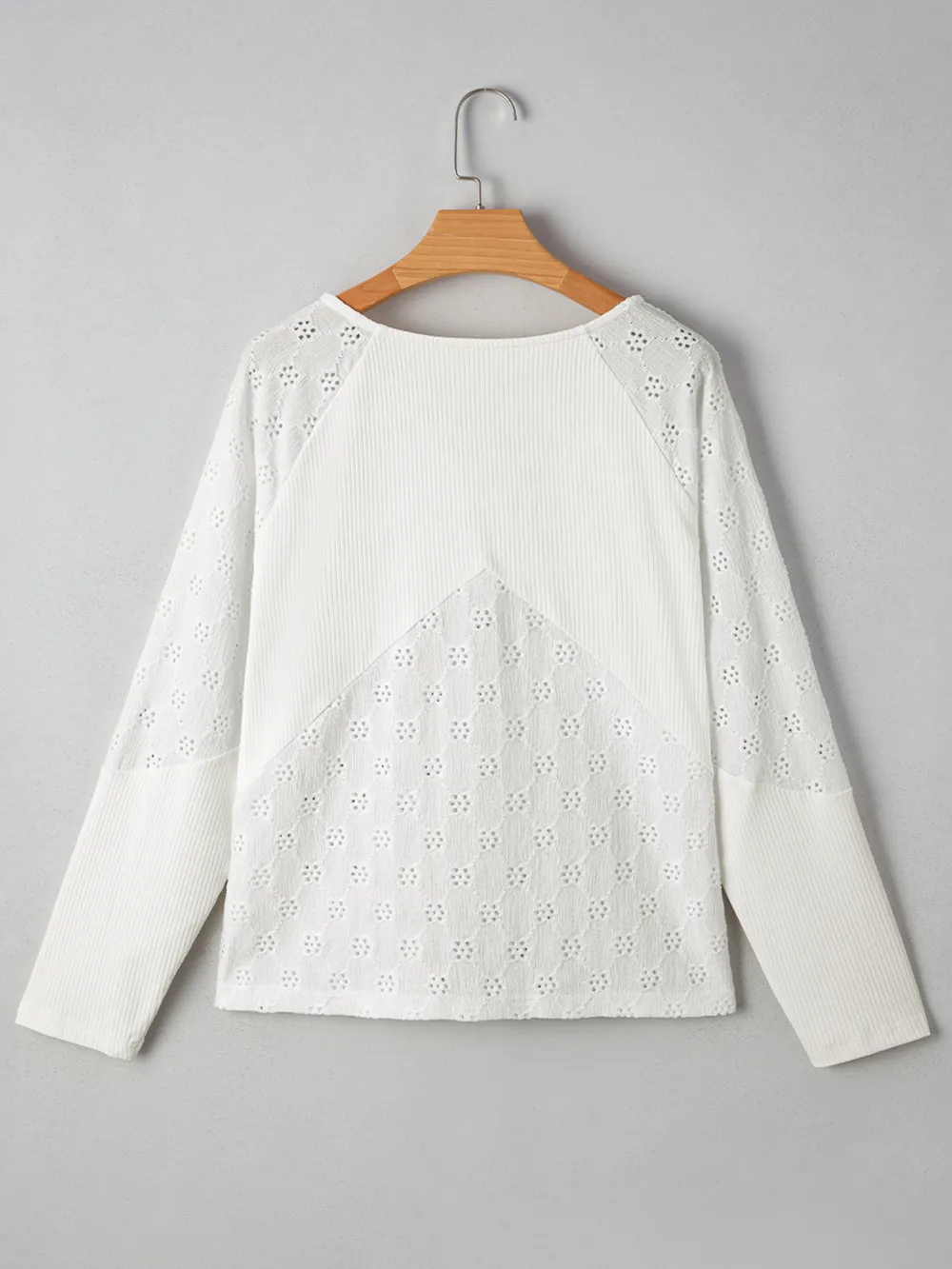 Eyelet Embroidered Loose V Neck Long Sleeve Top, image 14