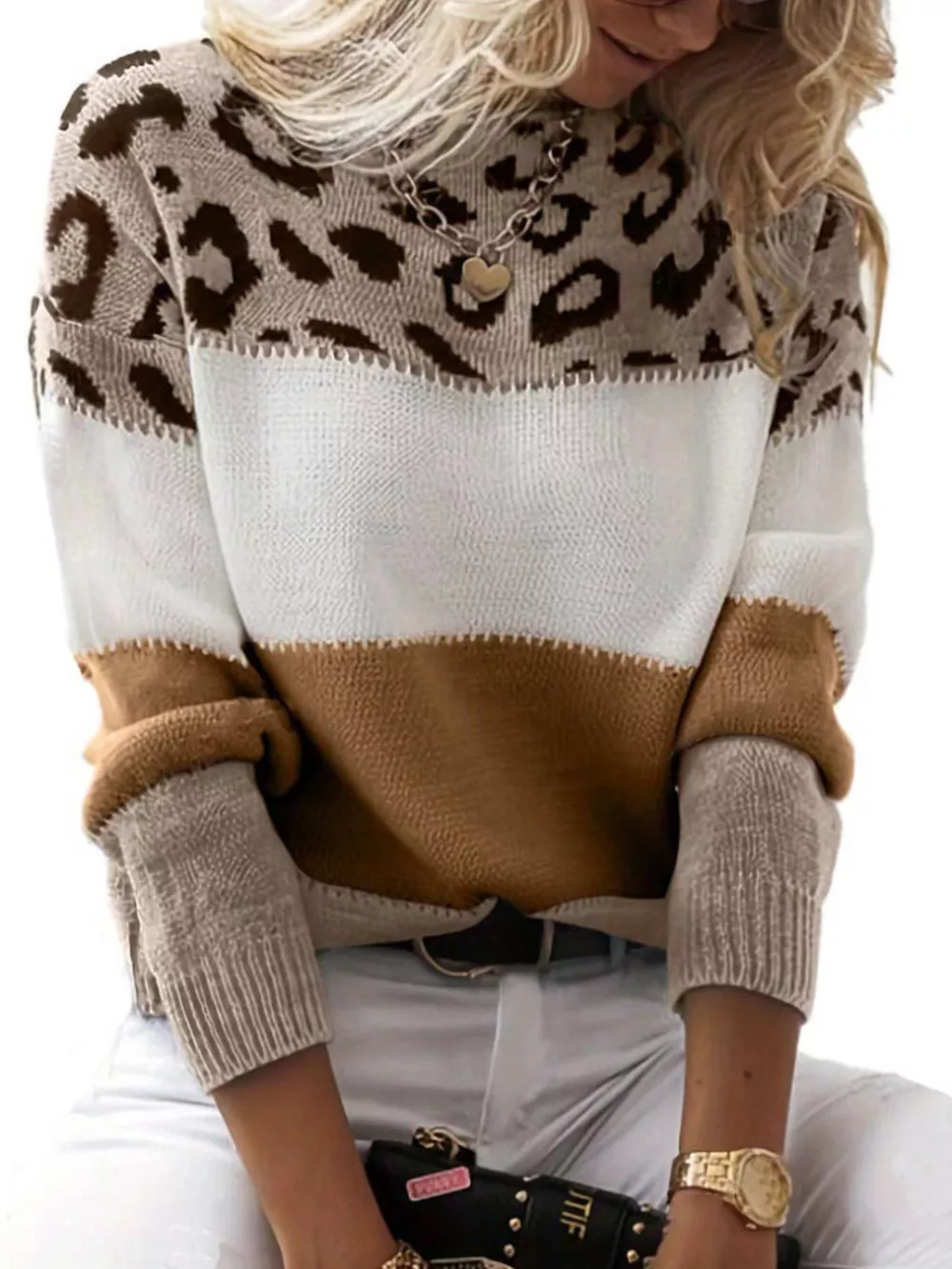 Full Size Leopard Color Block Long Sleeve Sweater Plus Size, image 10