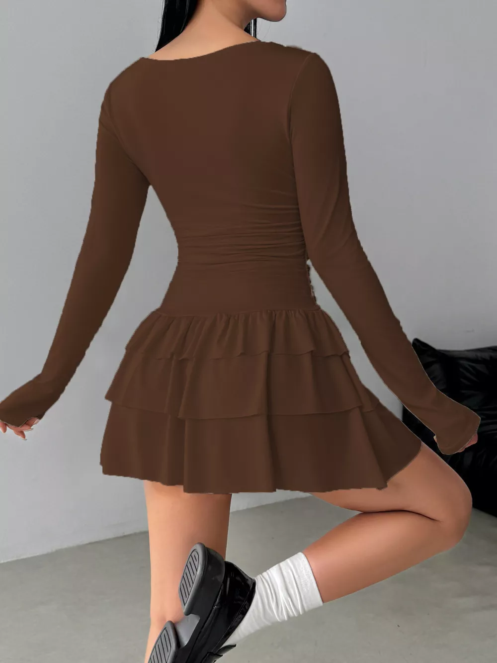 Ruched Long Sleeve Layered Ruffle Mini Dress, image 10