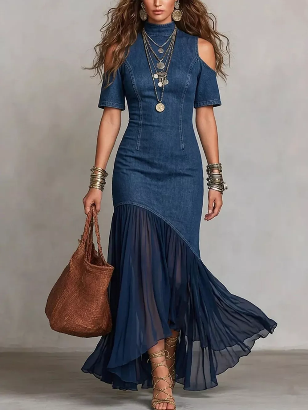 Mock Neck Cold Shoulder Ruffle Hem Maxi Dress, image 4