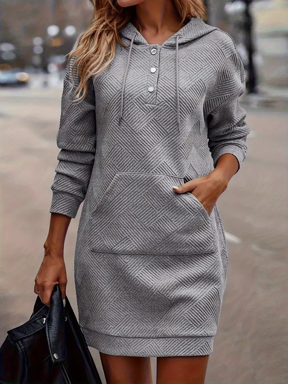 Casual Textured Hooded Sweatshirt Dress