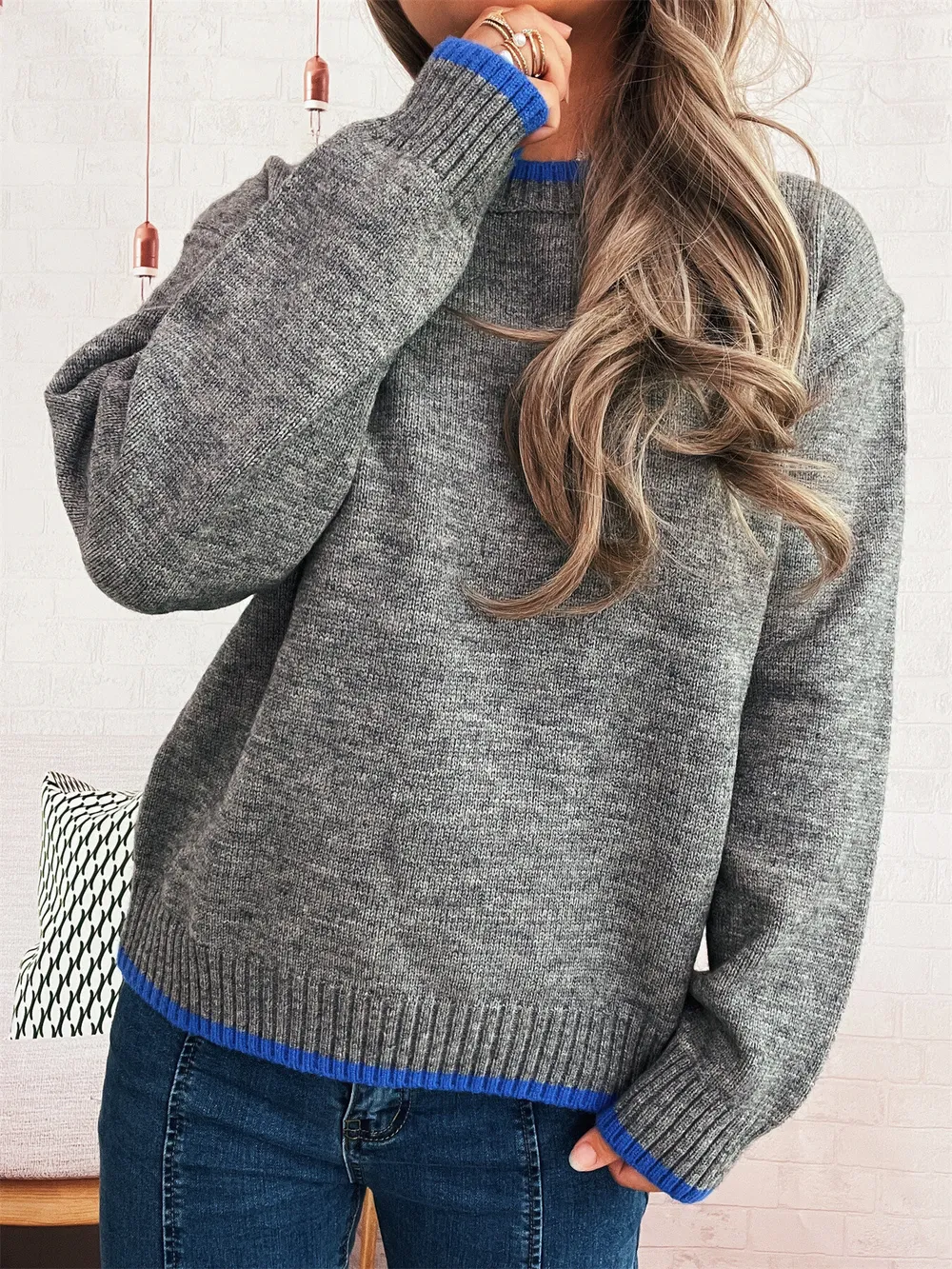 Ribbed Contrast Trim Long Sleeve Sweater, image 8