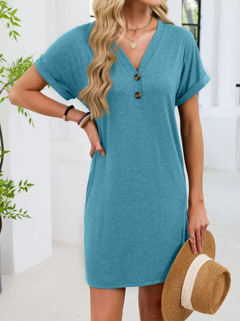 Casual V-Neck Short Sleeve T-Shirt Dress, image 30