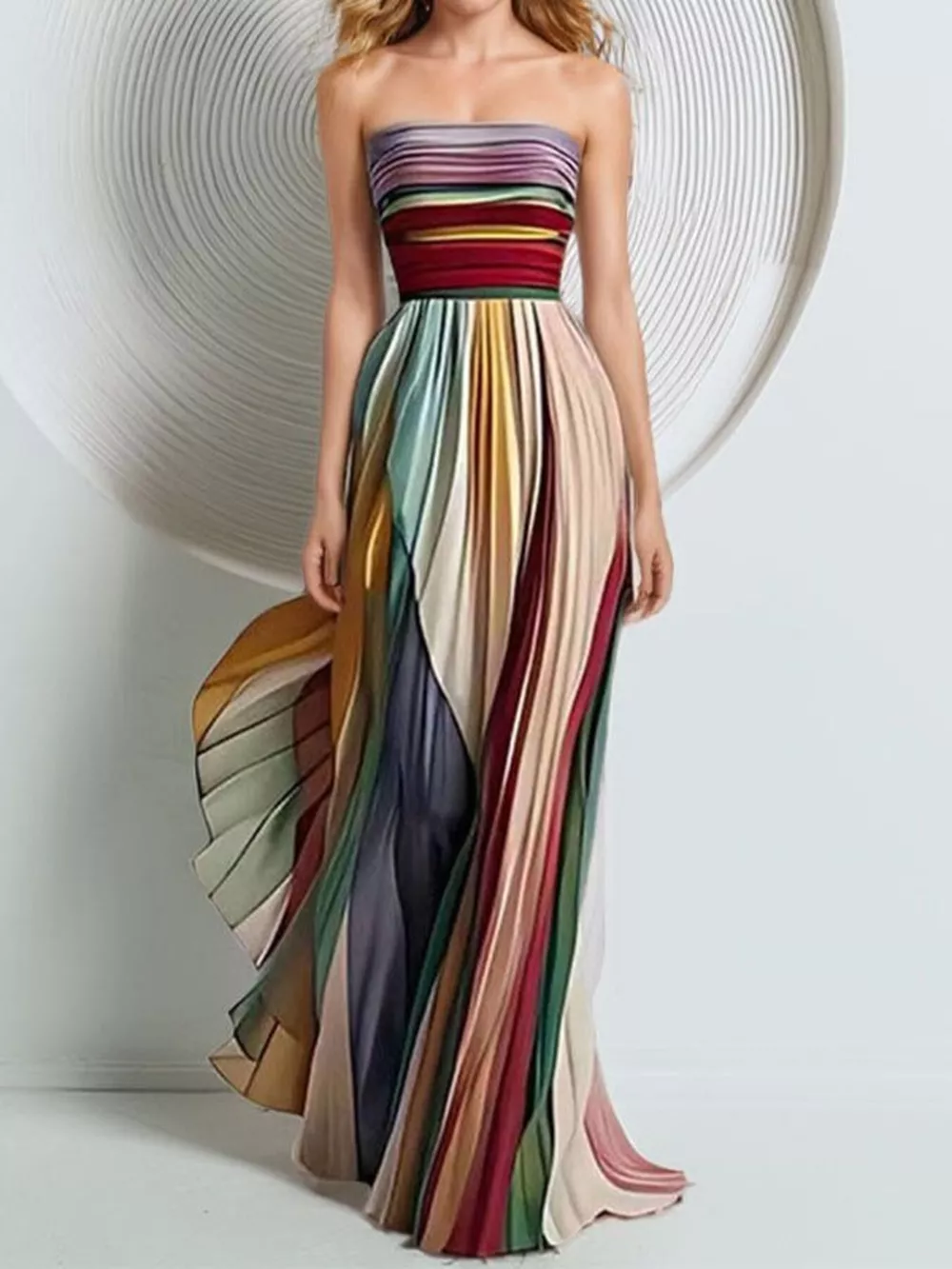 Striped Pleated Strapless Maxi Dress