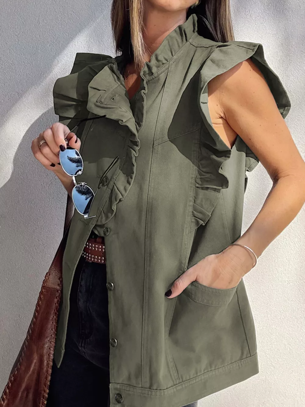 Ruffled Patchwork Denim Jacket Vest, image 7
