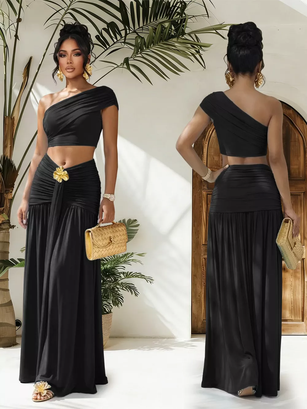 One-Shoulder Top and Ruched Maxi Skirt Set, image 9
