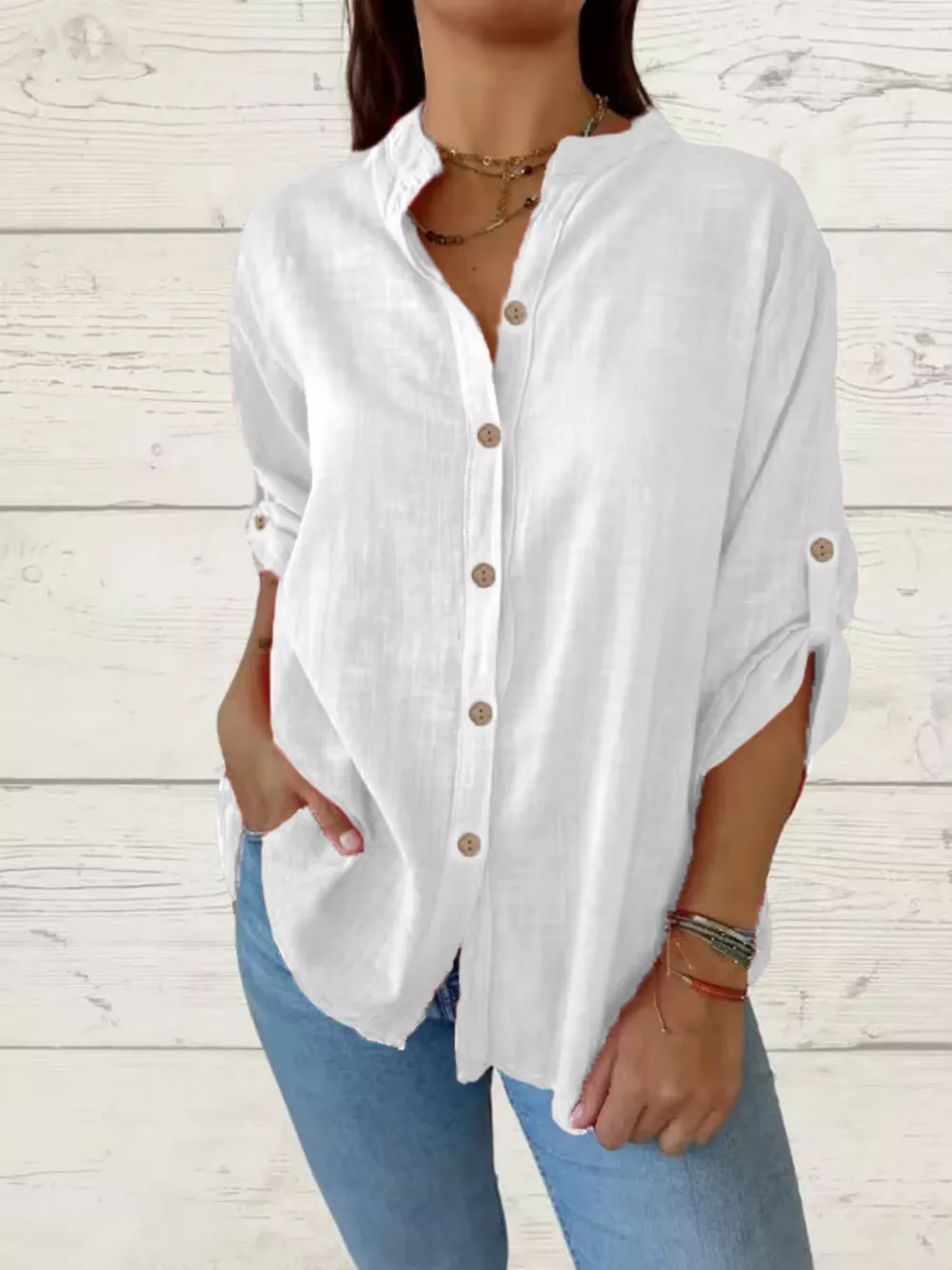 Full Size Casual Button-Down Roll-Up Sleeve Shirt Plus Size, image 3