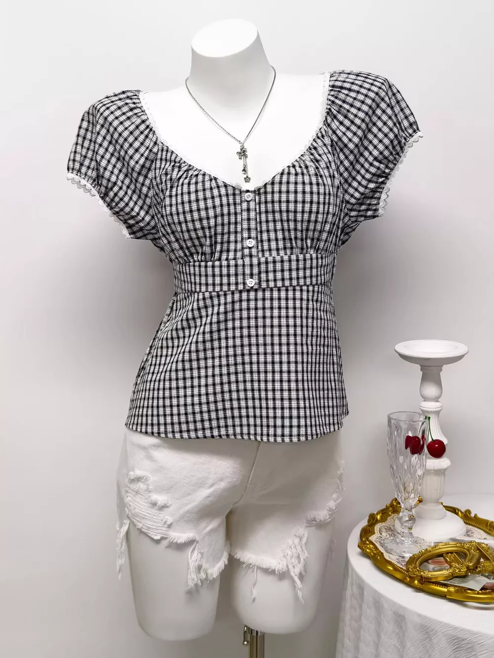 Plaid Short Sleeve Blouse