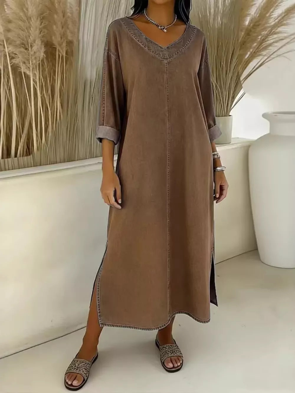 Side Slit V-Neck Midi Dress, image 7