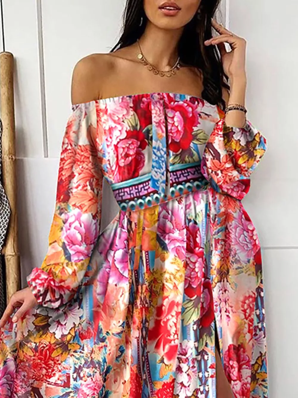 Slit Printed Off Shoulder Maxi Dress, image 4