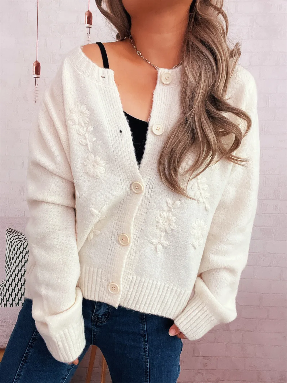 Flower Button Up Ribbed Hem Cardigan, image 3