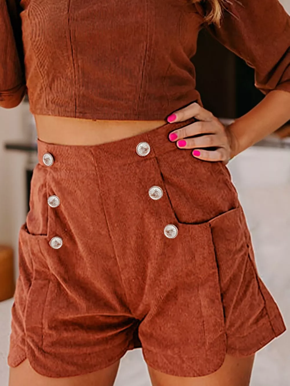 Button Decor Scalloped Edge High Waist Corduroy Shorts, image 2