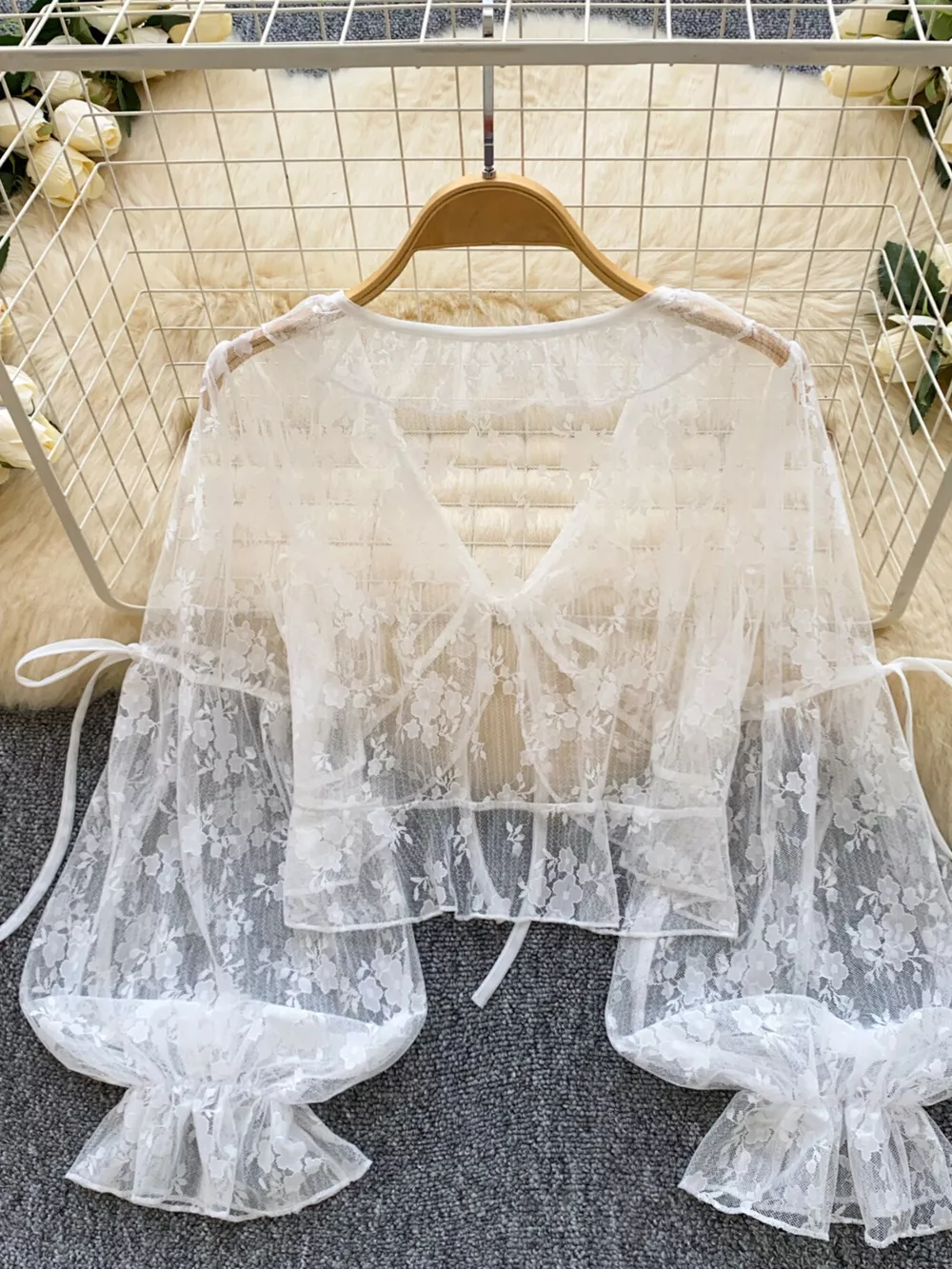 Sheer Lace Tie Front Flounce Sleeve Top, image 2