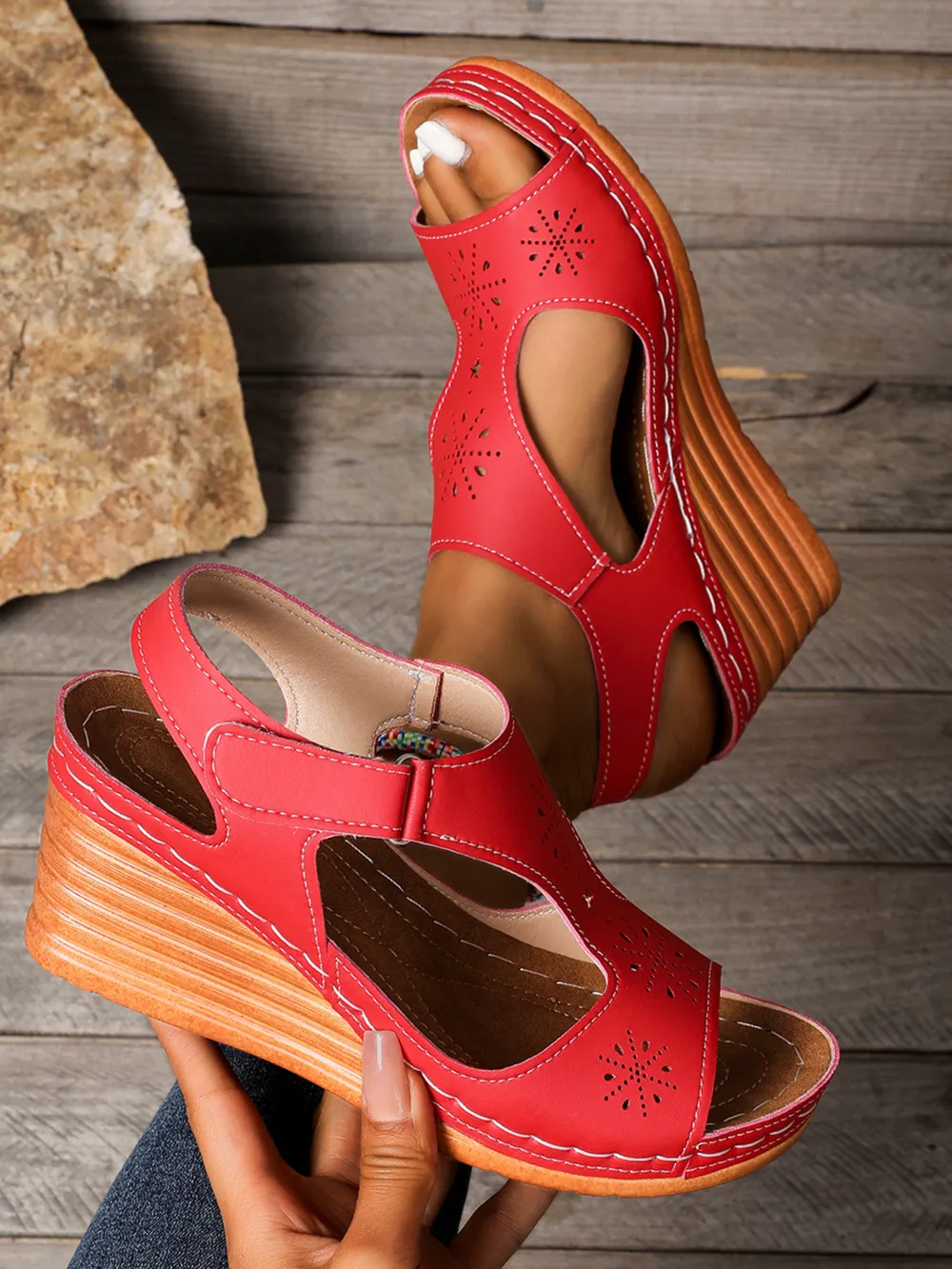 Perforated Wedge Sandals with Ankle Strap, image 6