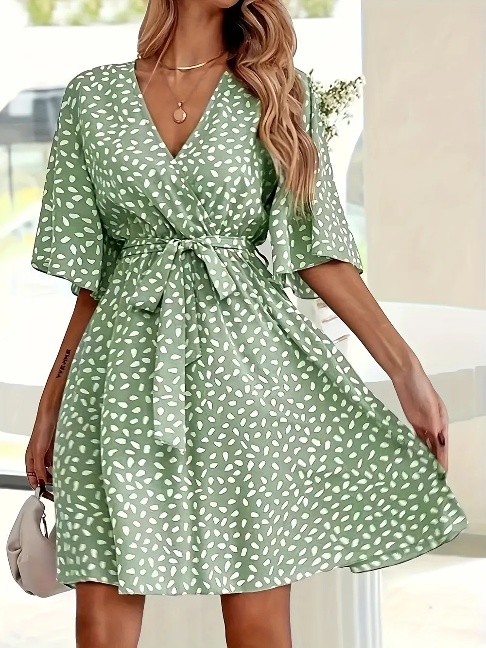 Printed Surplice Tie Waist Dress, image 4