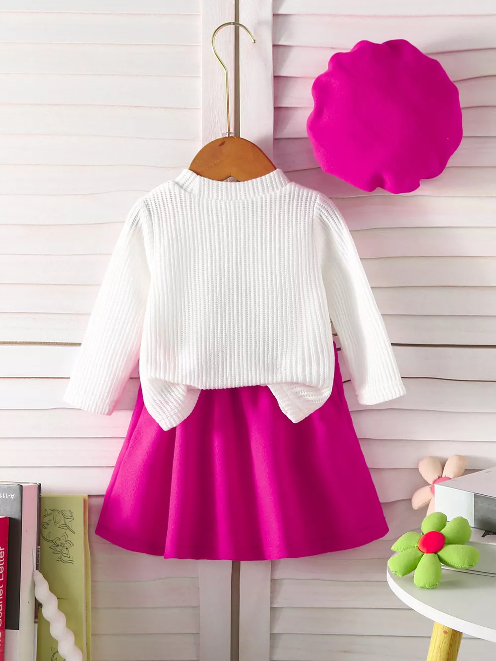 Children's Floral Applique Ribbed Knit Top & Pleated Skirt Set with Hat, image 6