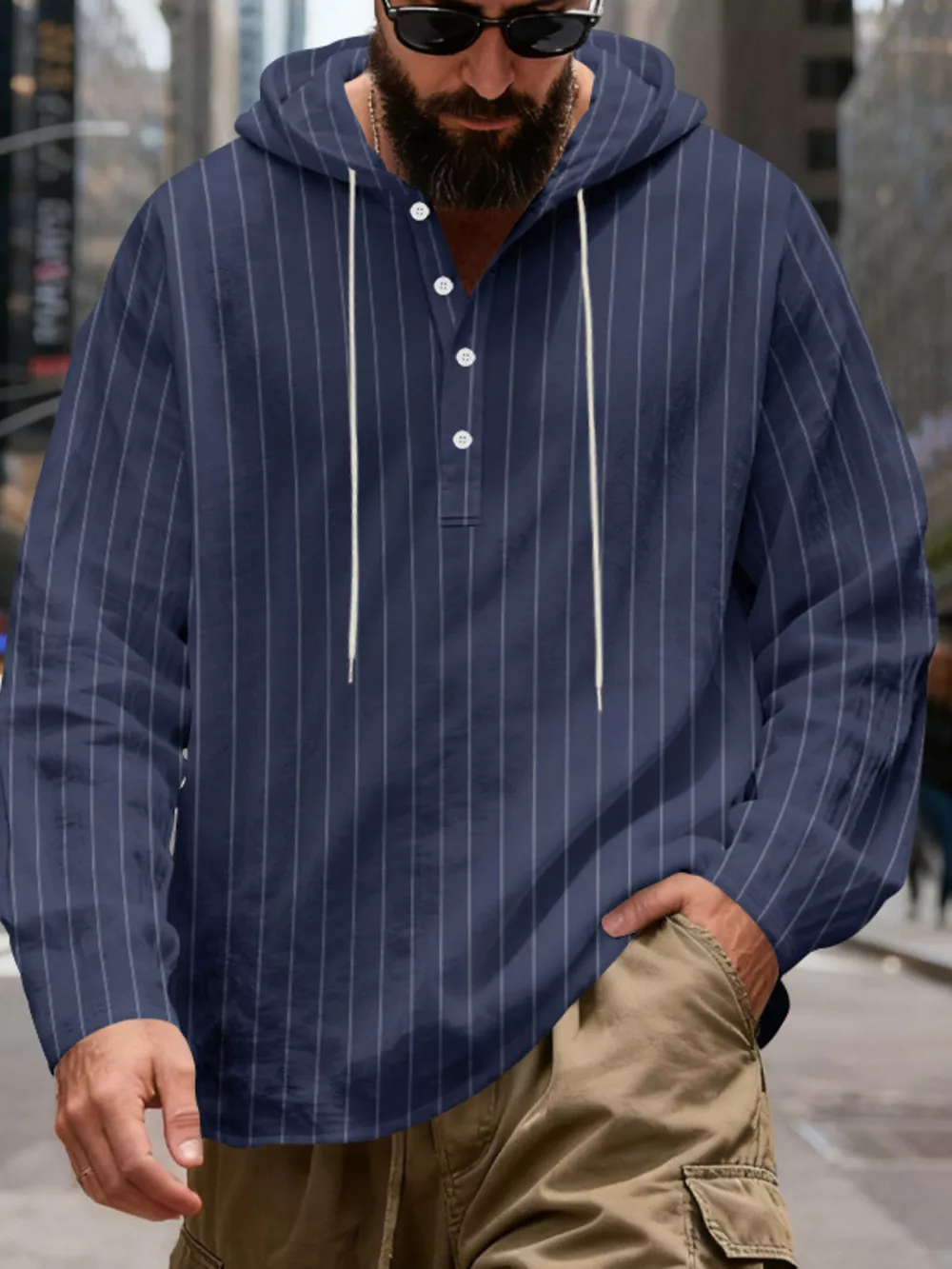 Men's Full Size Casual Striped Henley Hoodie with Drawstring Plus Size, image 20