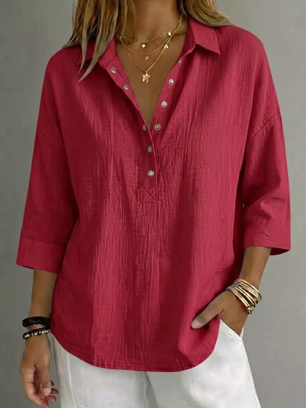 Full Size Snap Down 3/4 Sleeves Blouse Plus Size, image 6