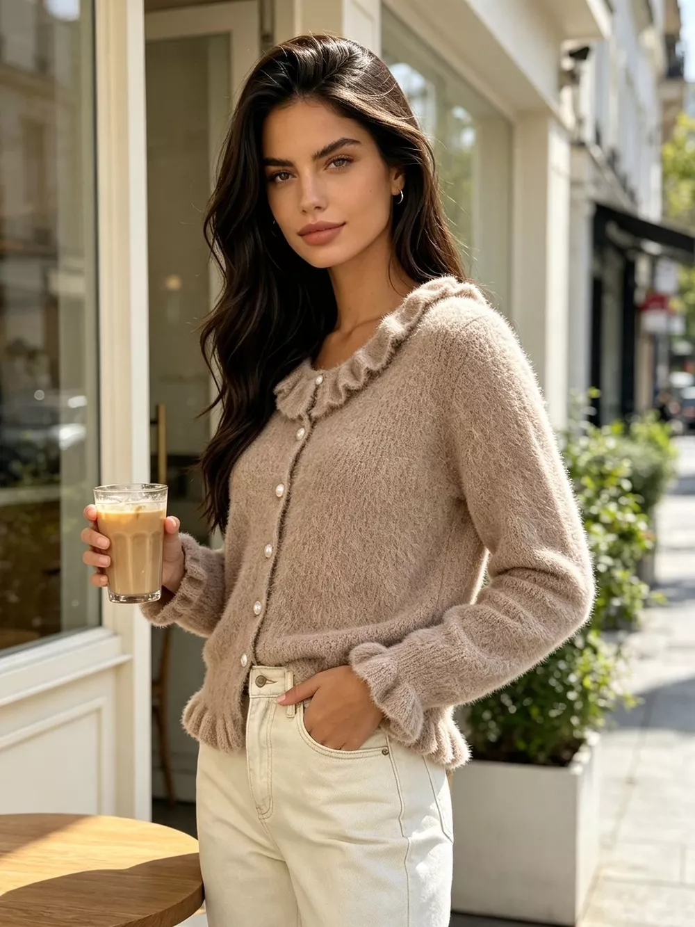 Soft Fuzzy Cardigan with Ruffled Collar and Pearl Buttons, image 22