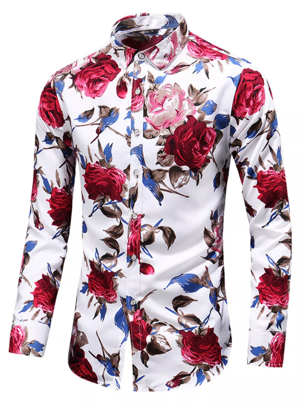 Men's Plus Size Long Sleeve Floral Print Button-Down Shirt