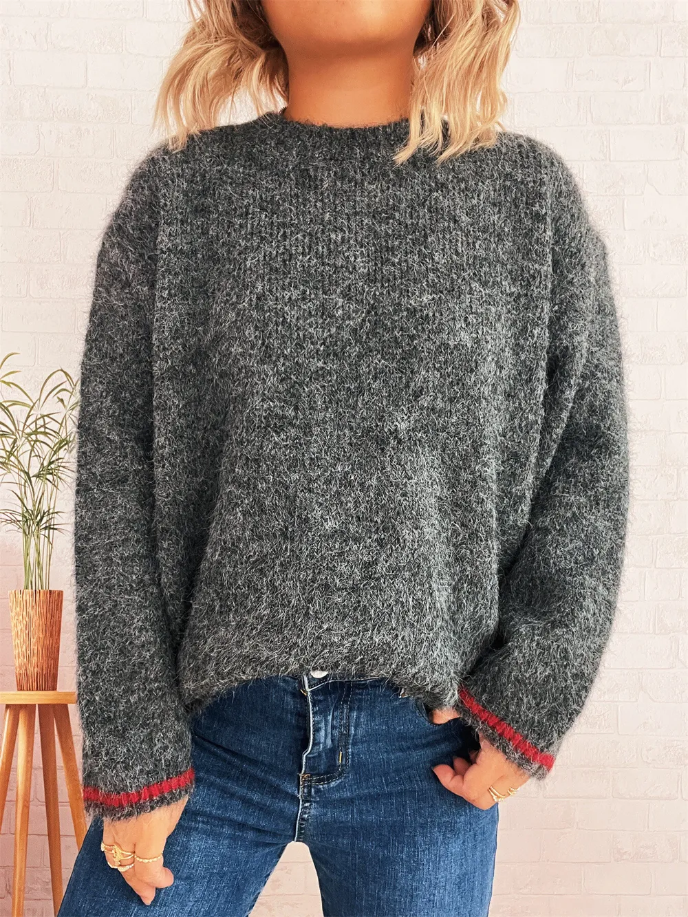Contrast Trim Round Neck Cozy Sweater, image 2