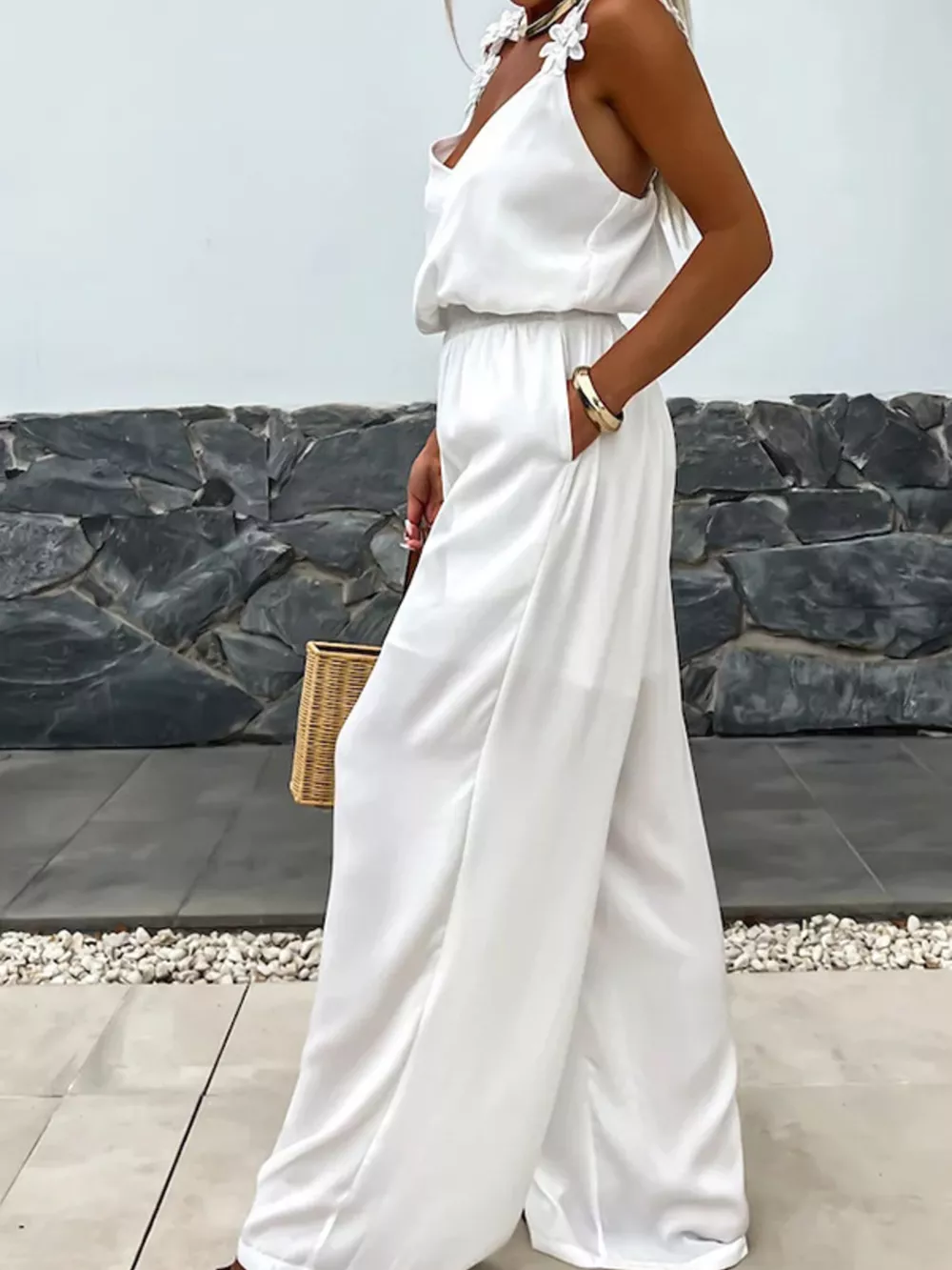 Floral Applique V-Neck Wide Leg Jumpsuit, image 8