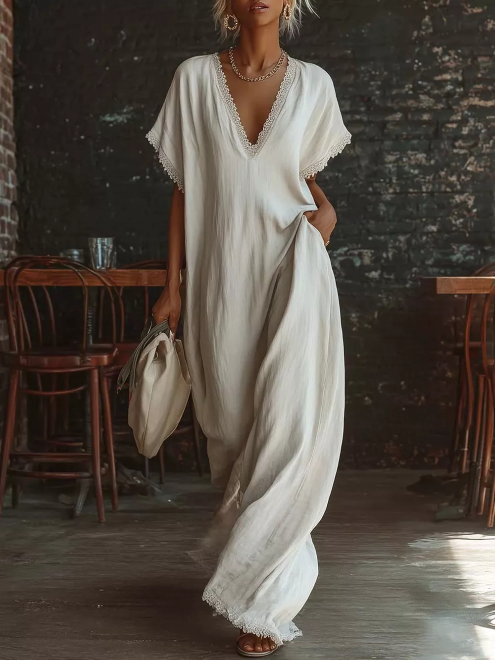 Full Size Lace Trim V-Neck Maxi Dress Plus Size, image 2