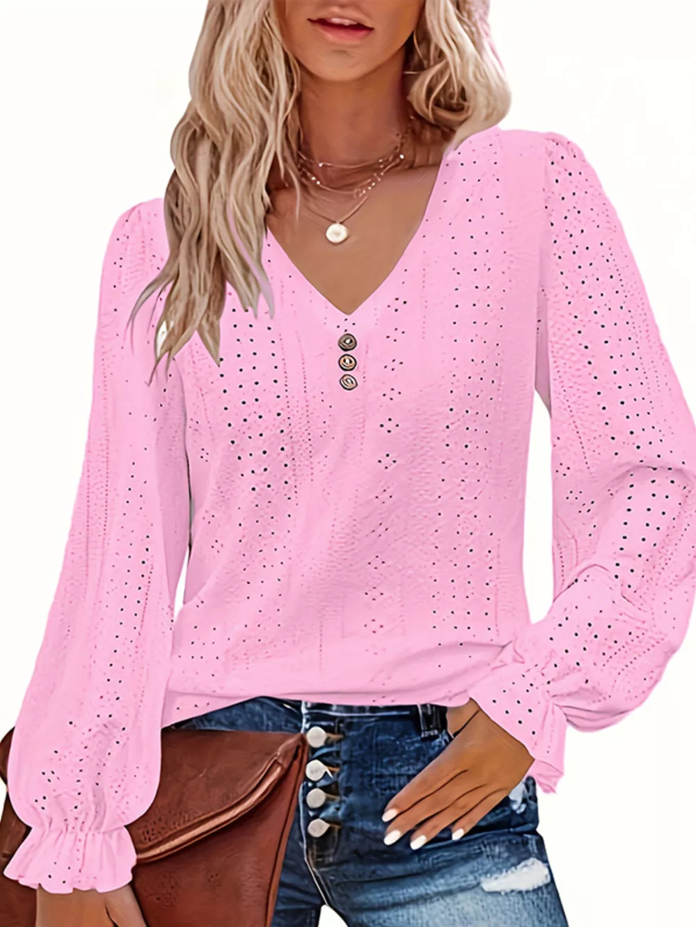 Plus Size Eyelet V-Neck Flounce Sleeve Blouse, image 10
