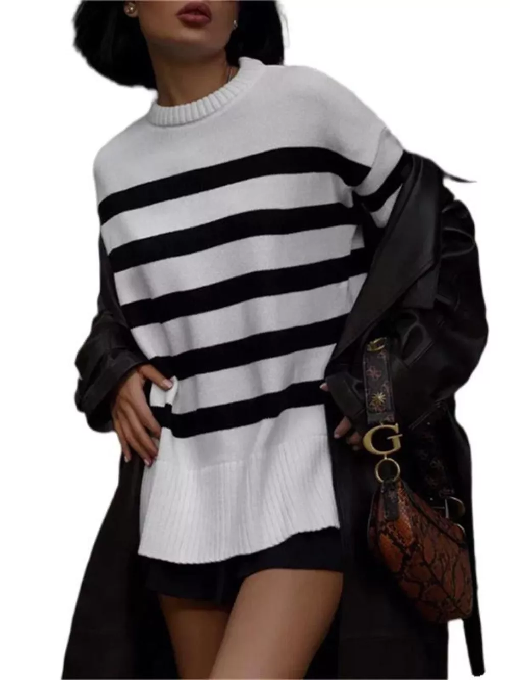 Side Slit Striped Oversized Knit Sweater, image 4