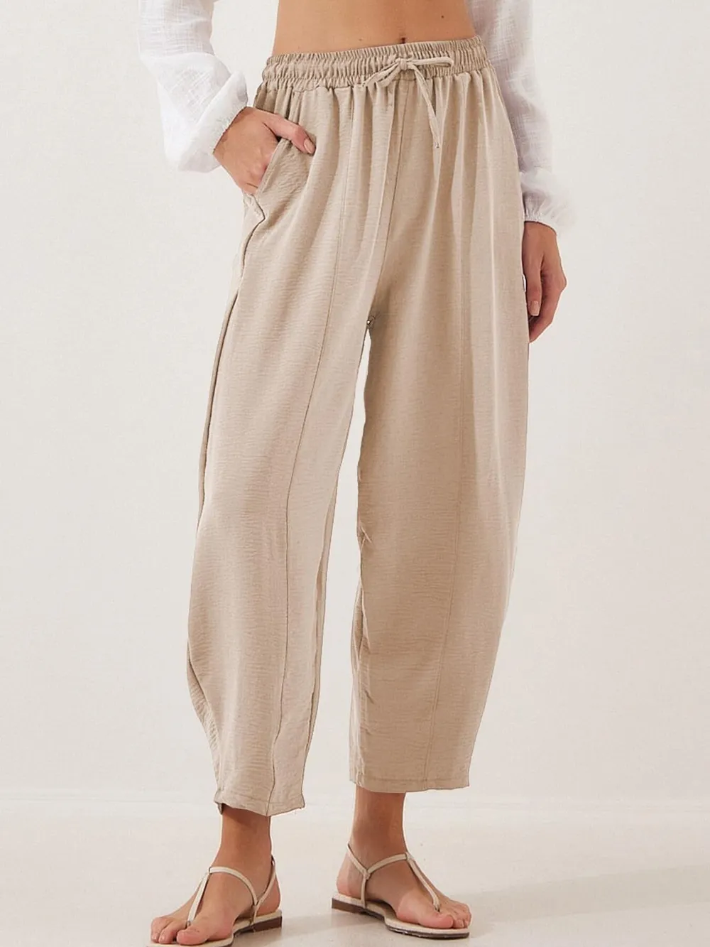 Full Size Drawstring Wide Leg Cropped Pants Plus Size