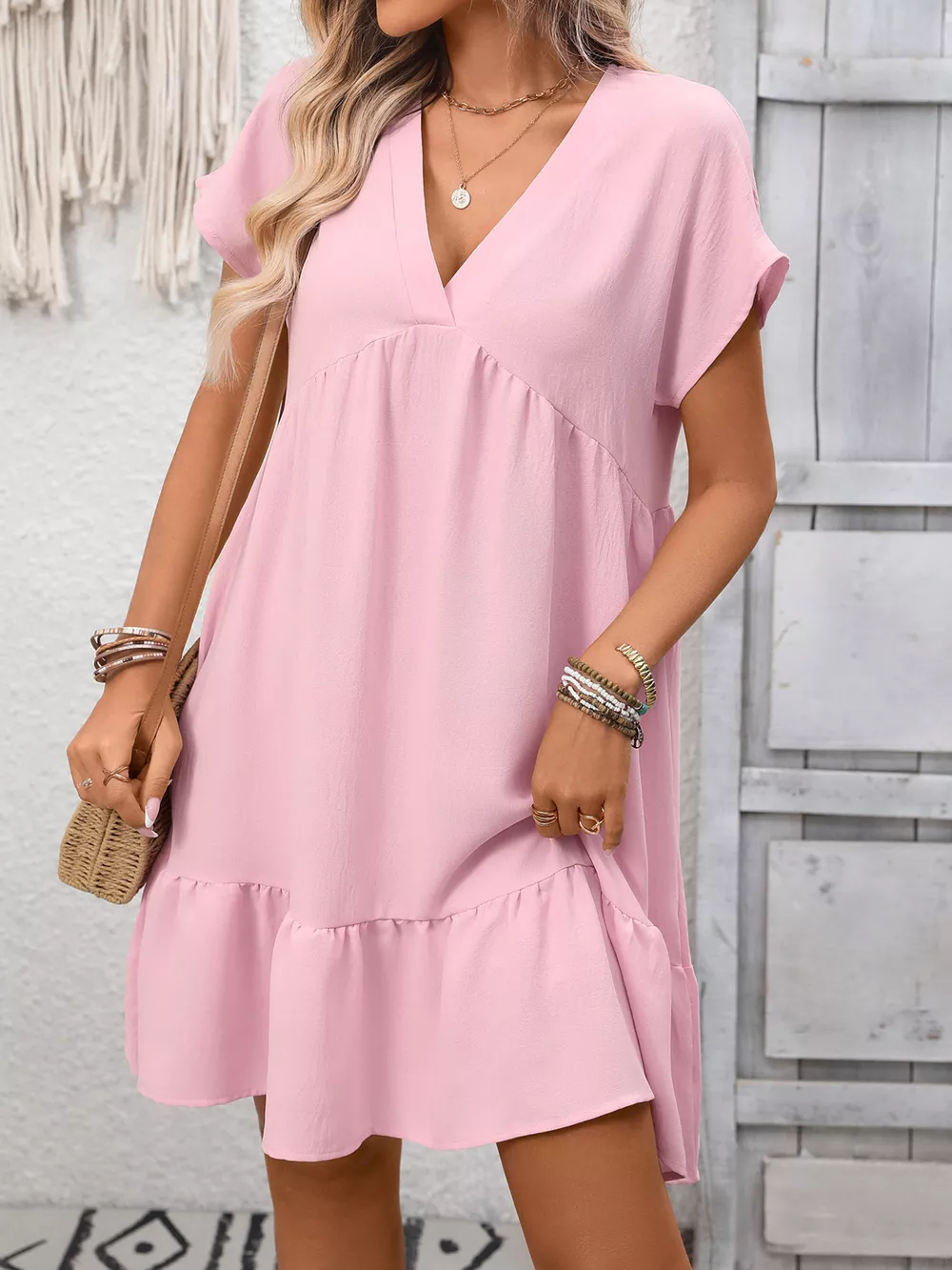 Casual V-Neck Ruffle Hem Mini Dress, image 7