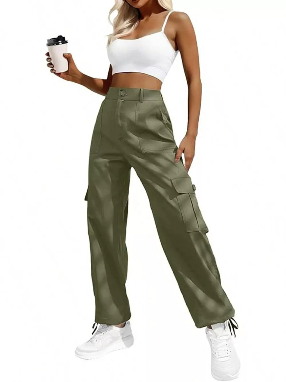 High-Waisted Cargo Pants with Drawstring Cuffs, image 5