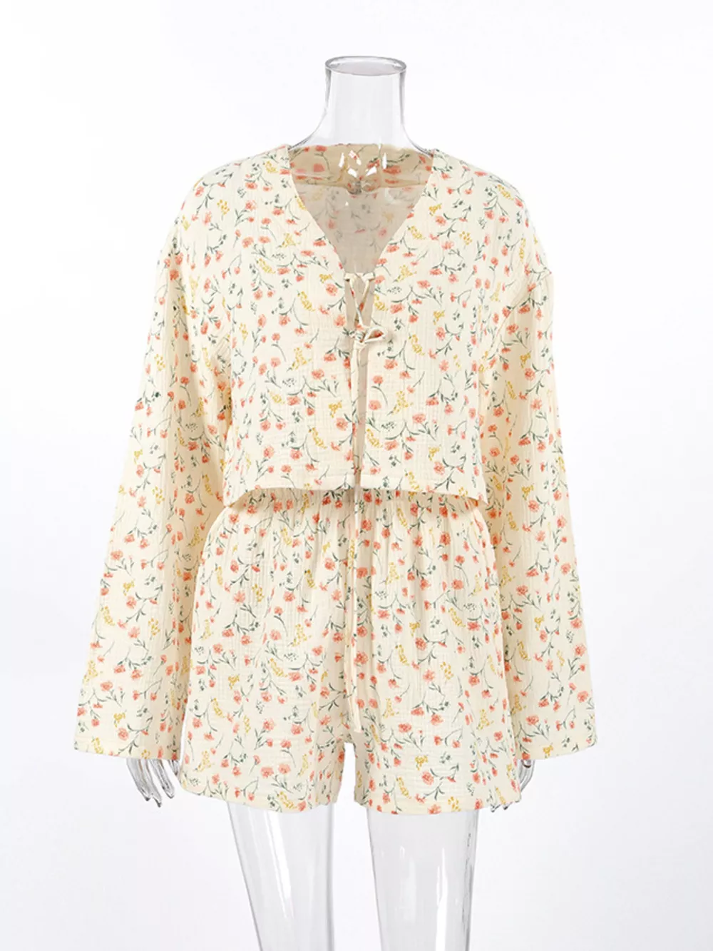 Floral Print Crinkle Texture Tie-Front Top and Shorts Set, image 4