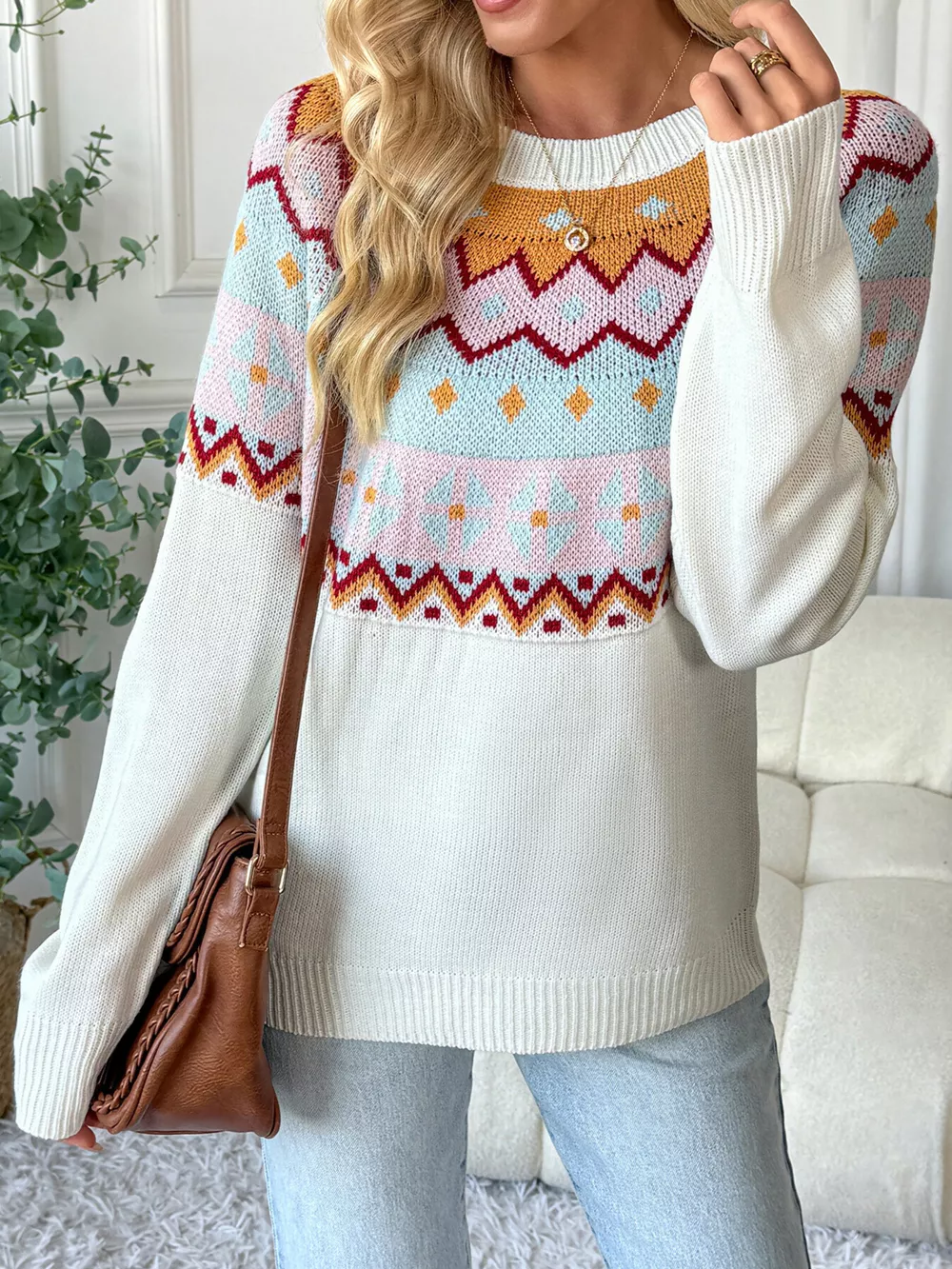 Contrast Round Neck Long Sleeve Sweater, image 2