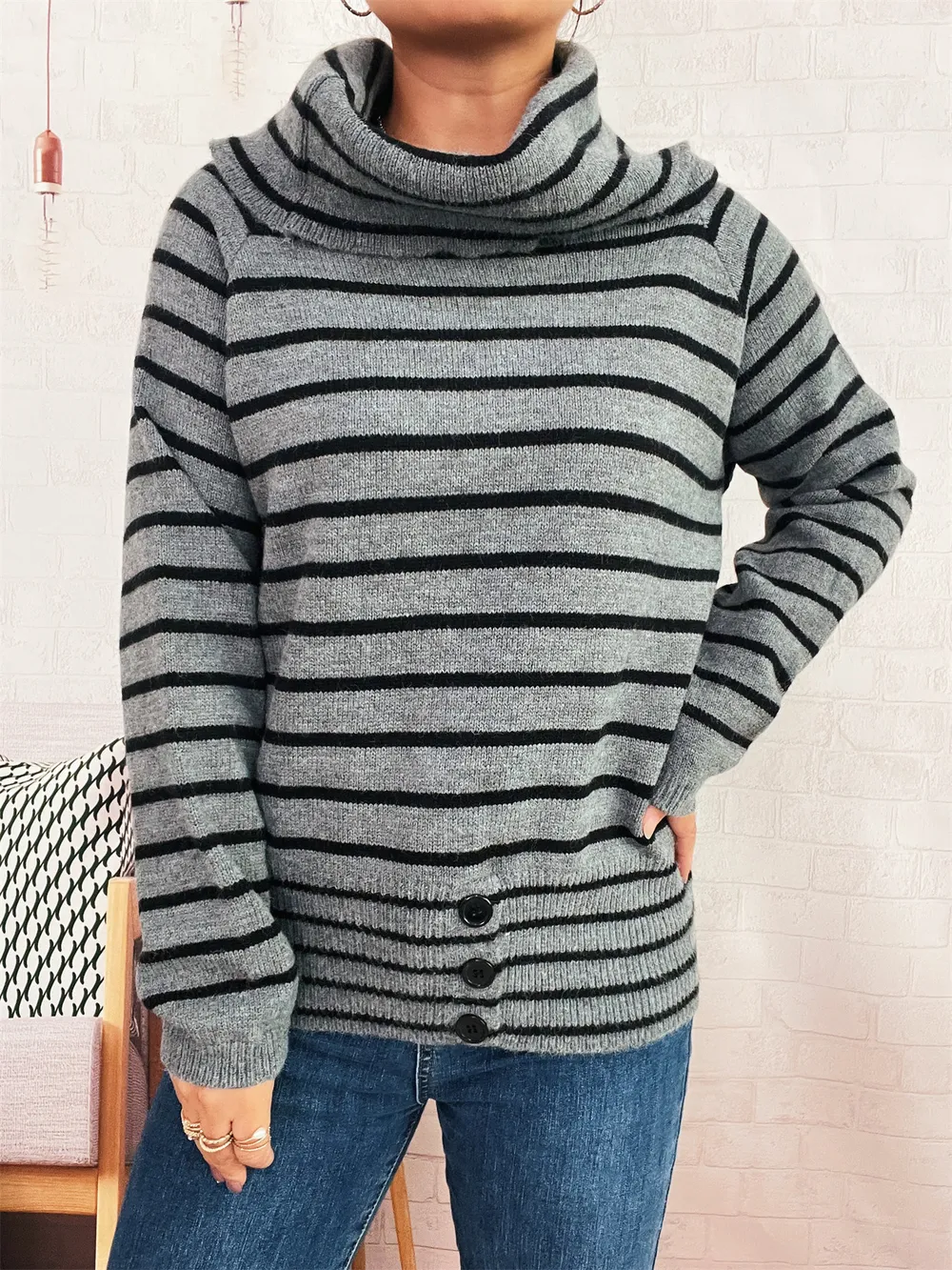 Striped Turtleneck Long Sleeve Sweater, image 6