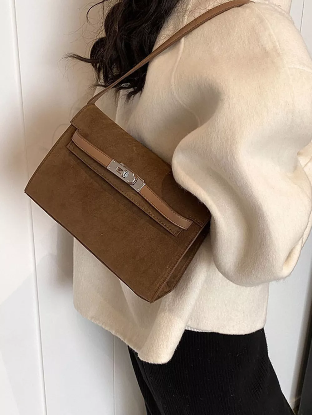 Solid Color Buckle Shoulder Bag, image 6