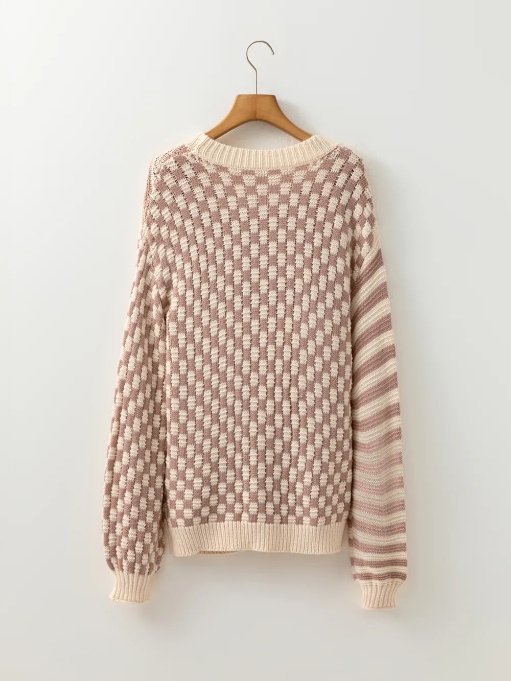 Stripe Checkerboard Drop Shoulder Balloon Sleeve Sweater, image 8
