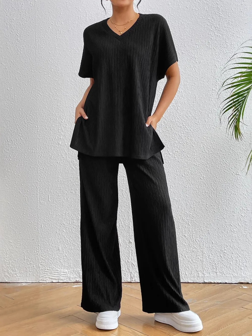 V-Neck Short Sleeve Top and Pants Set, image 6