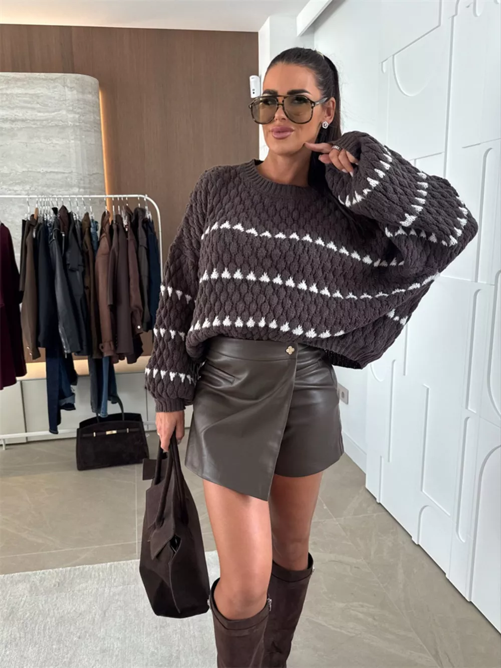 Chunky Knit Striped Sweater with Balloon Sleeves, image 7