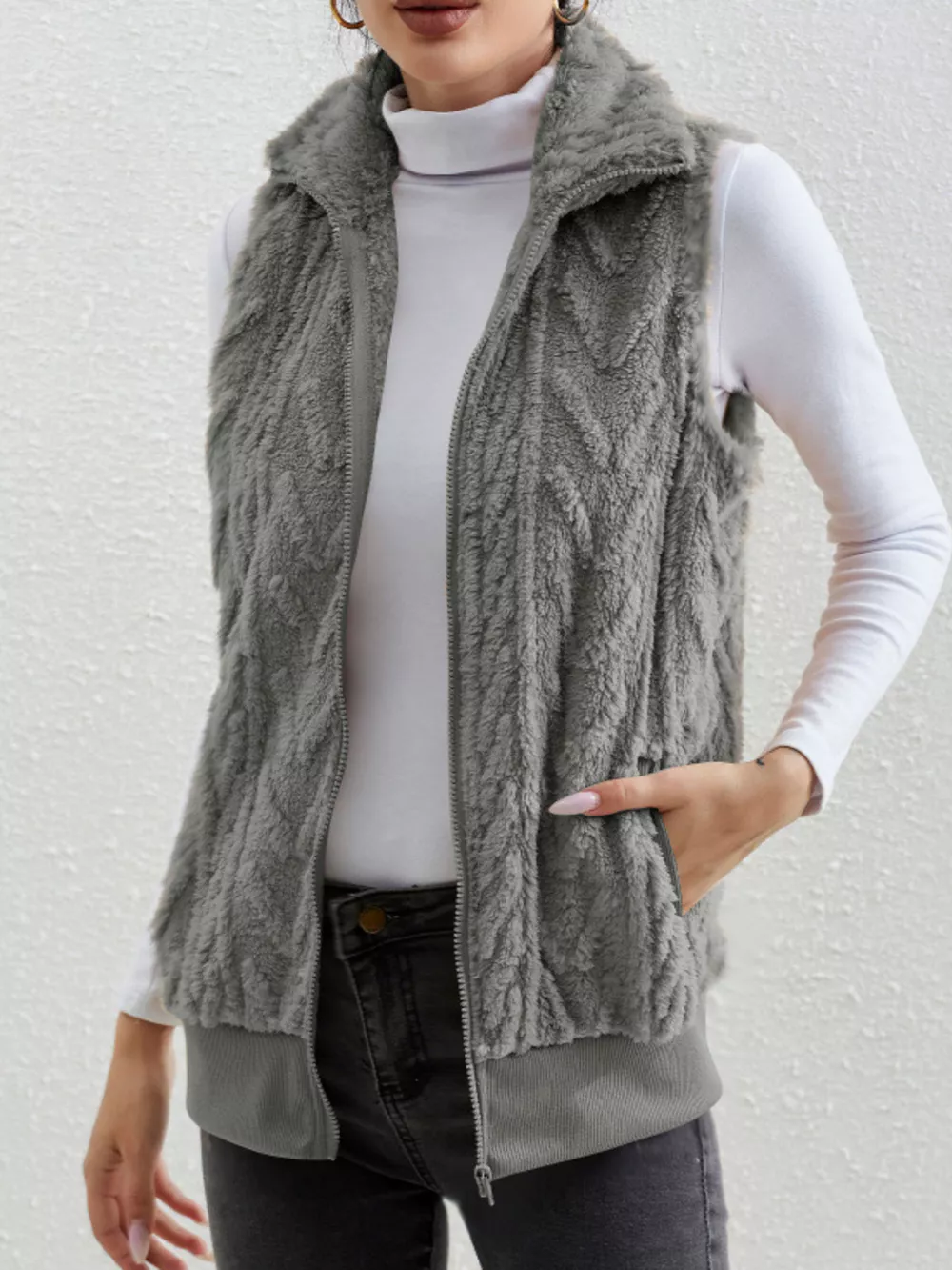 Full Size Cozy Faux Fur Zip-Up Vest Coat Plus Size, image 2