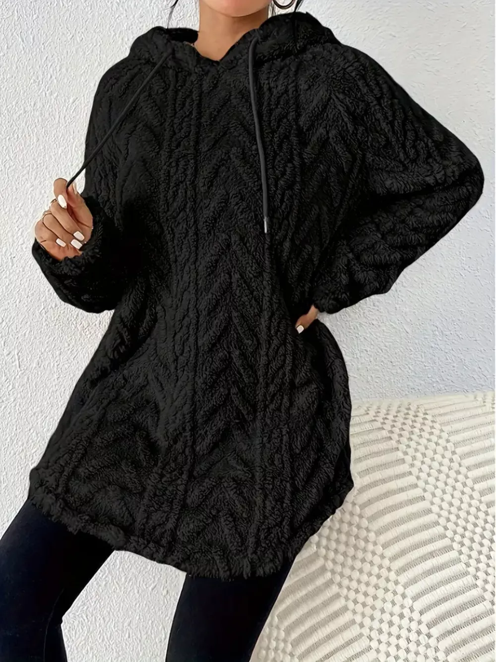 Cozy Textured Drawstring Fleece Hoodie